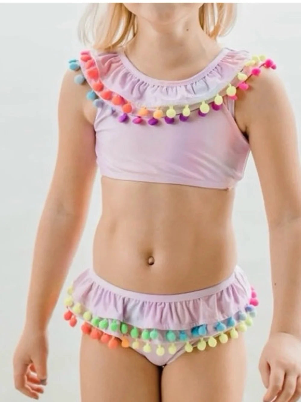 NWT PQ Girls Golden Hour Pom Pom Bikini Set Size 4 Rainbow Ruffle MSRP $78